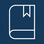 Das weiße Icon auf blauem Hintergrund zeigt ein Buch mit Lesezeichen. Symbol für die Gestaltung von Zeitschriften, Magazinen, Büchern und mehr.