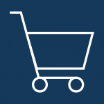 Zu sehen ist ein stilisierter Einkaufswagen auf blauem Hintergrund. Symbol für Werbung am Verkaufs- bzw. Einkaufsort.