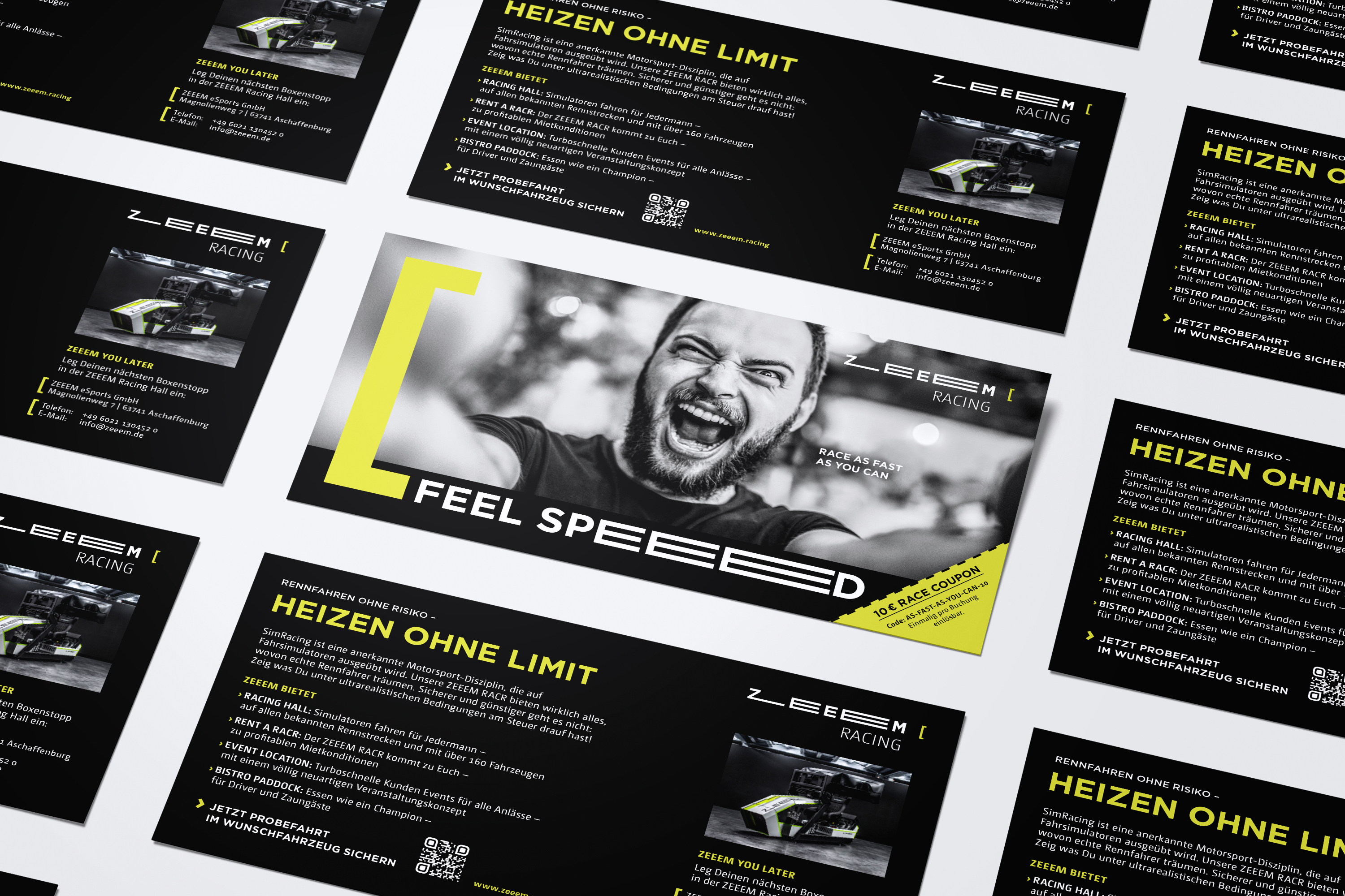 Maxi-Karte von ZEEEM Racing mit jubelndem Mann und Schriftzug Feel Speed