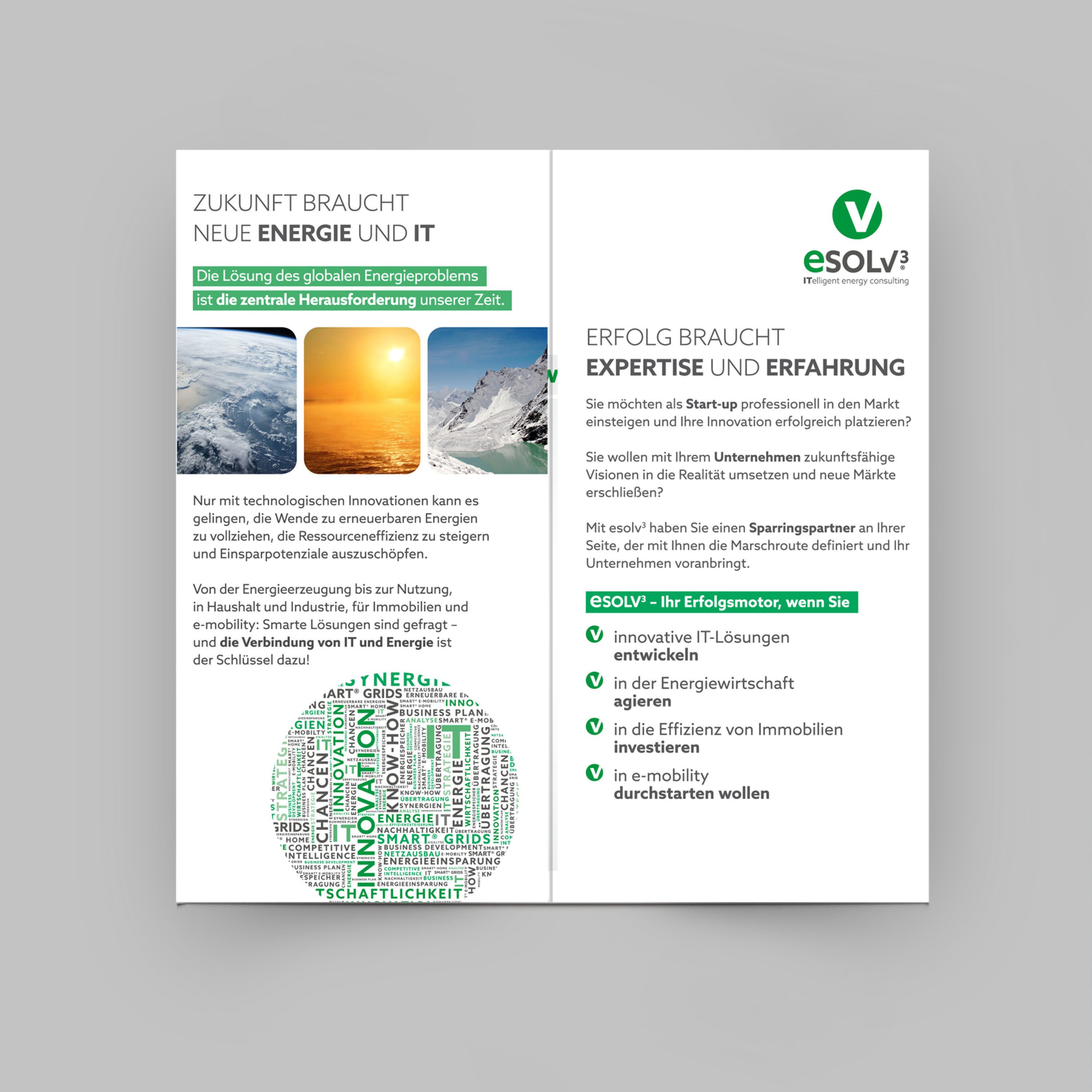 Innenseiten des eSOLV3 Flyers zu Energy, IT und Business Intelligence