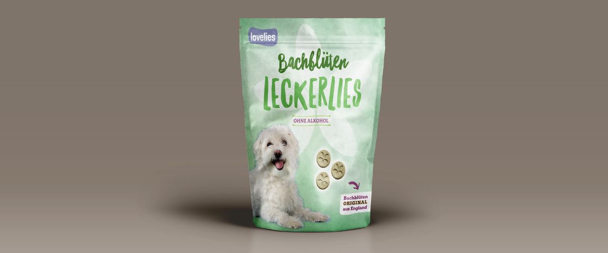 ackungsdesign für Bachblüten Leckerlies von Murnauers mit Hundemotiv