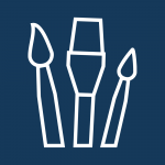 Zu sehen sind 3 stilisierte Pinsel auf blauem Hintergrund. Symbole für das Skizzieren von Ideen, Illustrationen und Malerei.