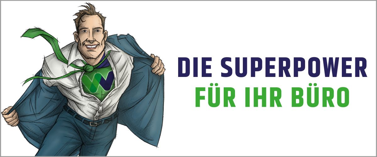 Image-Werbung für Willgerodt Bürotechnik mit Büroheld und Claim Die Superpower für Ihr Büro